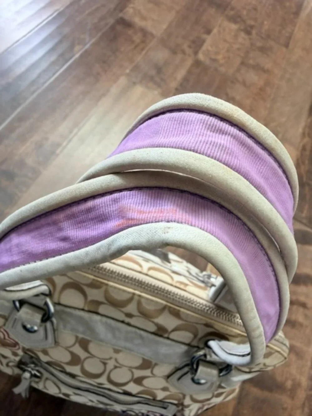 Coach Beige Signature Canvas Floral Poppy Satchel with Purple Accents